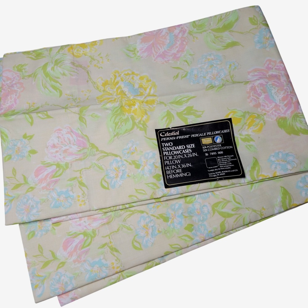 Vintage Sears Celestial Perma-Prest Floral Percale Pillowcases Set of 2 Standard
